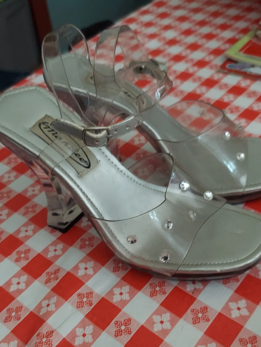 Mandee Clear Rhinestone Block Heel Sandals with Silver Trim